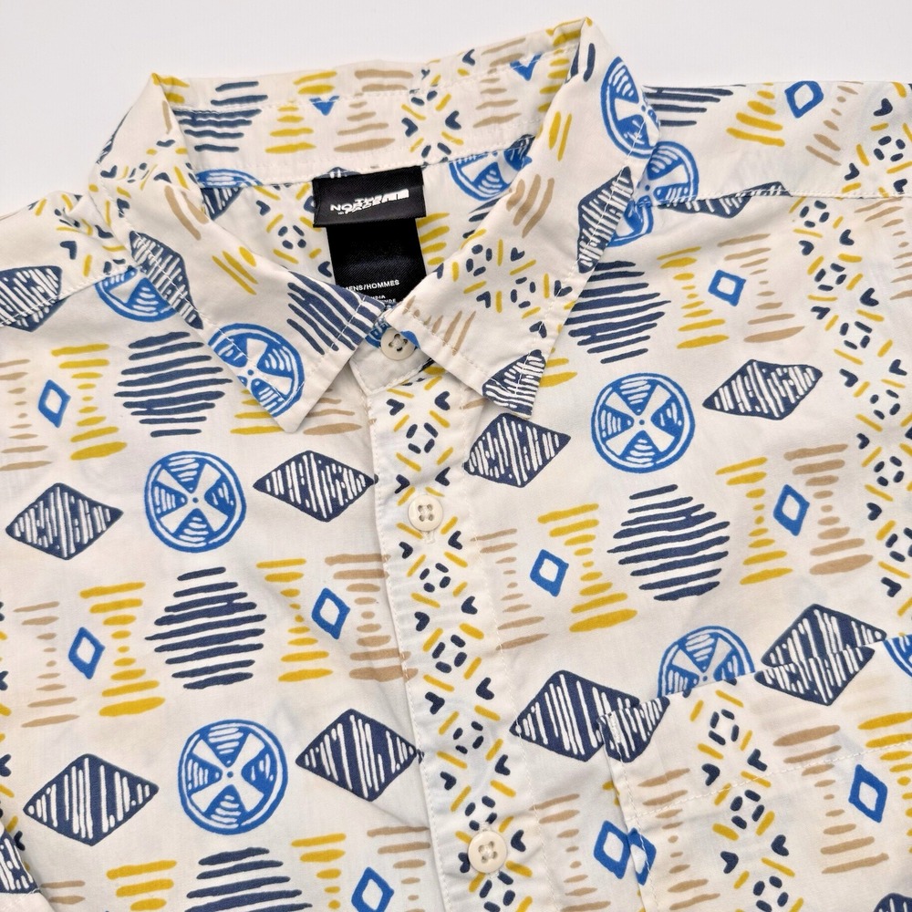 North Face Shirt Men's Med Blue Yellow S/S Tribal Lightweight Button‎ Up Pocket